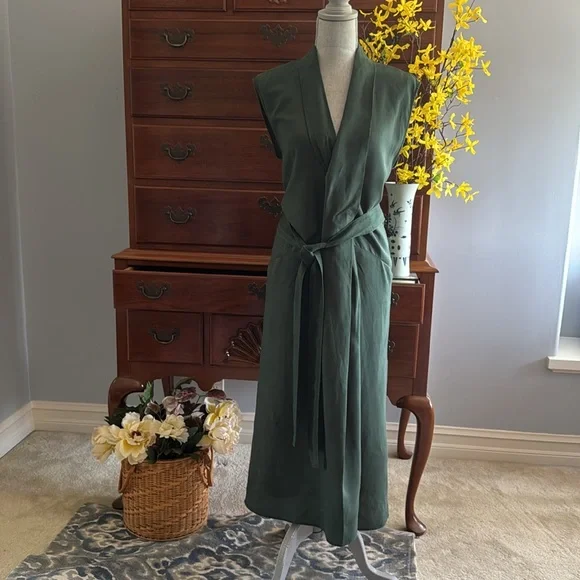 Zara Belted Midi Dress Bottle Green Size Large - Picture 13 of 13